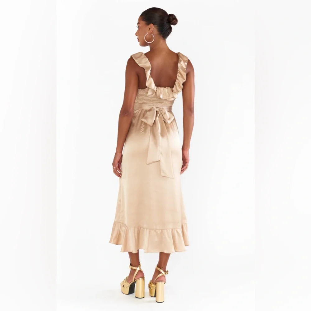 Show Me Your MuMu Alexis Midi Dress Small Champagne Luxe Satin - Picture 7 of 14